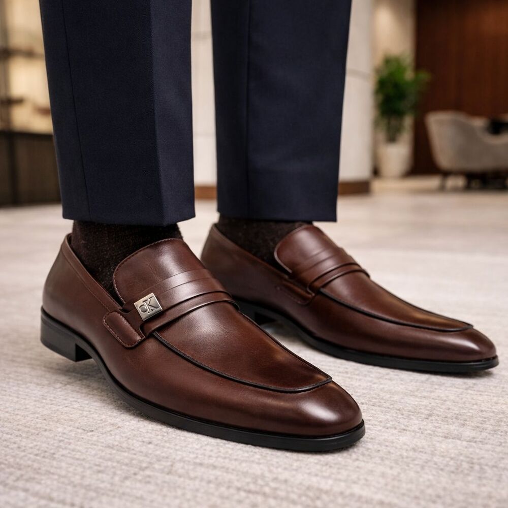 Calvin Klein Shoes Mens Size 9 Brown Slip On Loafers Formal Dress Logo Casual